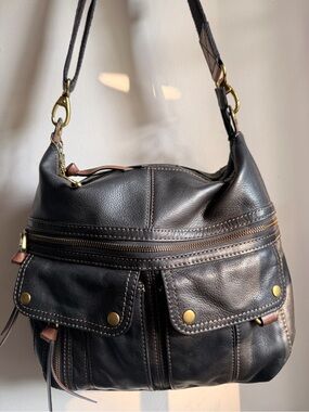 Fossil Morgan Traveler Black Pebbled Leather Crossbody Hobo Bag